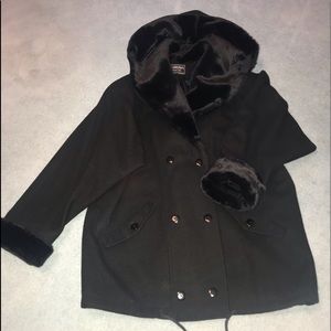 Double buttoned, black wool pea coat.